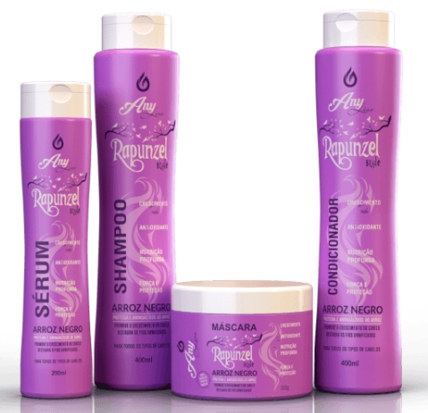 Kit com Shampoo, Condicionador e Máscara da Any Liss - linha Rapunzel