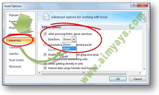Gambar: Cara merubah/mengatur seleksi cell setelah tombol enter di tekan di Microsoft Excel