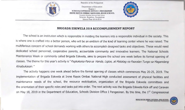 Irene Rayos Ombac National High School Brigada Eskwela Report 2019