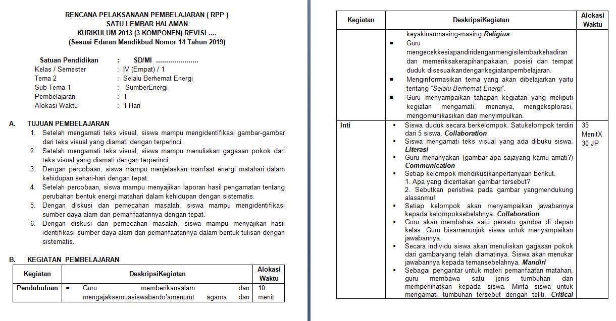 RPP 1 Lembar Kelas 4 Tema 2 Kurikulum 2013 Revisi 2020