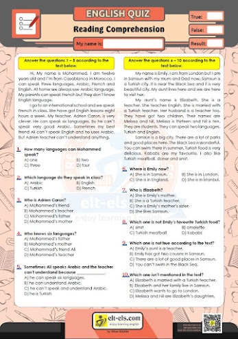Reading Comprehension Multiple Choice Test Www Elt Els Com