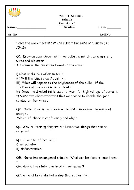 Homework for Grade 6 as on 10/05/2018 | WORLD SCHOOL OMAN