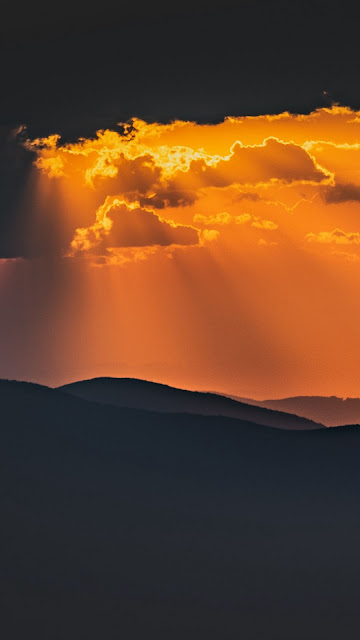 Clouds, Sunset, Mountain, Sunbeams