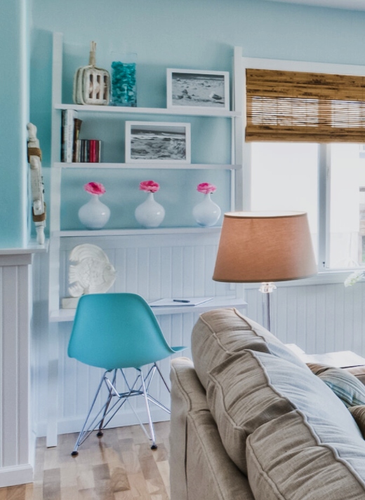 Leaning White Ladder Shelf Office Nook in Living Room