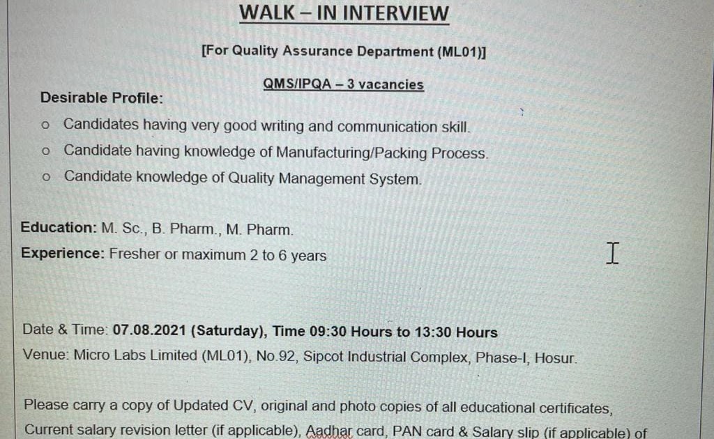 MICRO LABS LIMITED WALK IN INTERVIEW FOR FRESHER'S & EXPERIENCED B