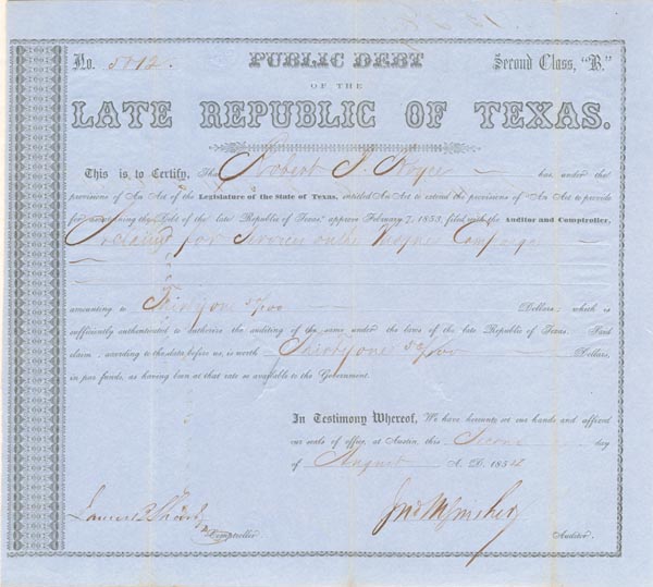 Collectible Old Stocks and Bonds Public Debt of the Late Republic of Texas