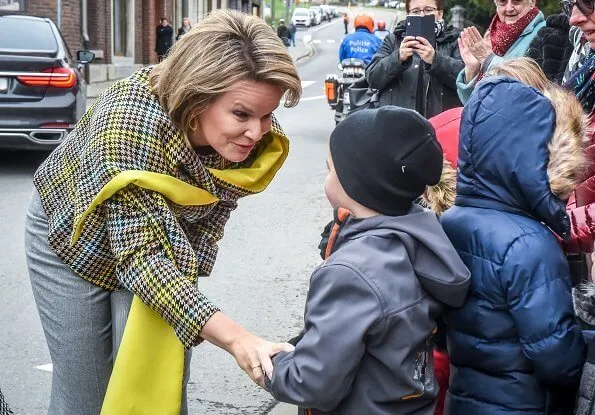 Queen Mathilde wore a new plaid multicolor coat by Natan. Natan coat from Fall/Winter 2019 collection