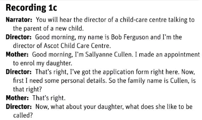 Could you please in this form. Description narration reasoning. early learning childcare centre enrolment form listening answer.