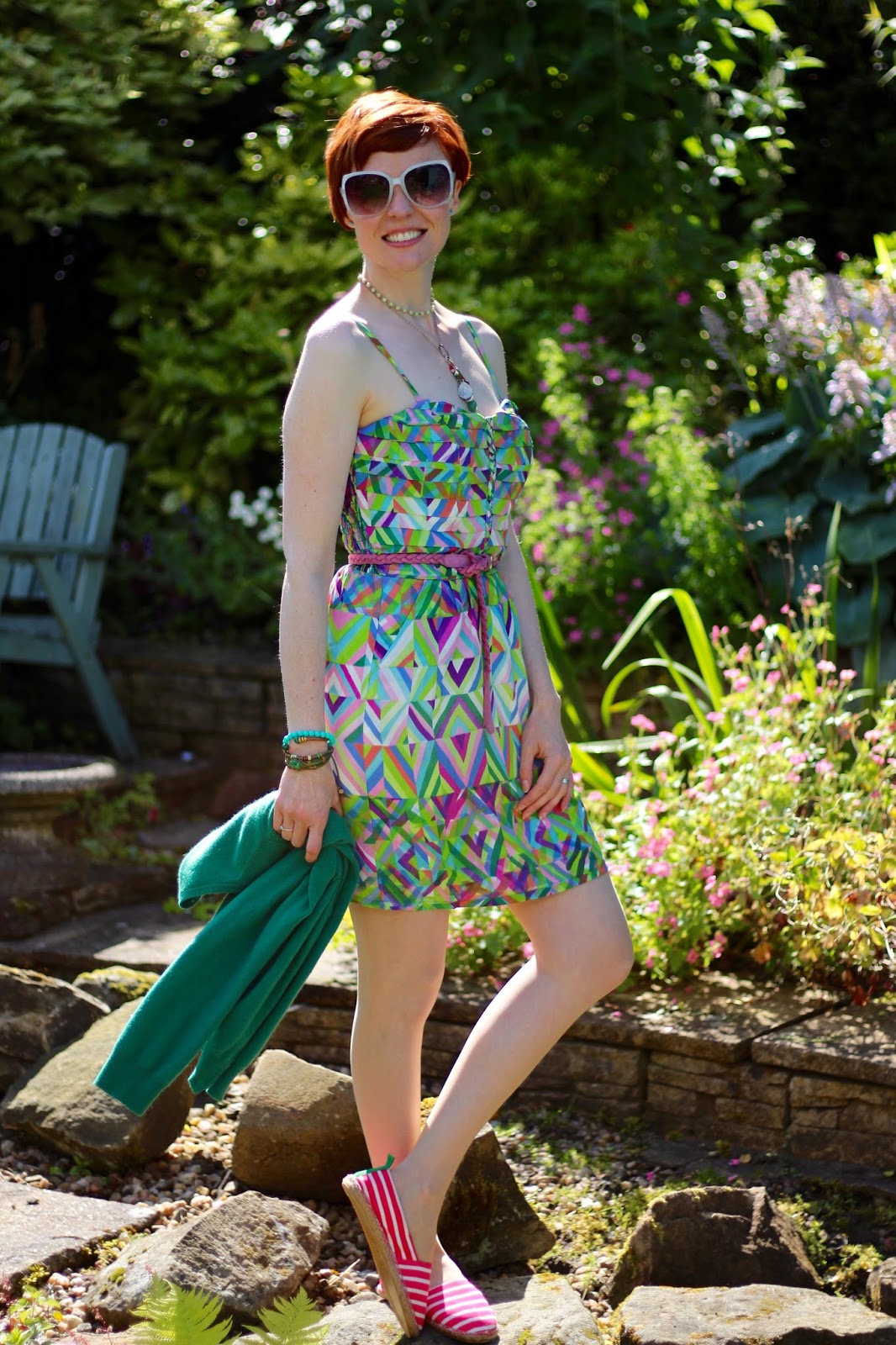 Fake Fabulous | What makes a summer dress frumpy? Summer dress, espadrilles and oversized glasses | Green, Pink and White. 
