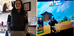 My youngest ready to go out and my fella playing Fortnite.