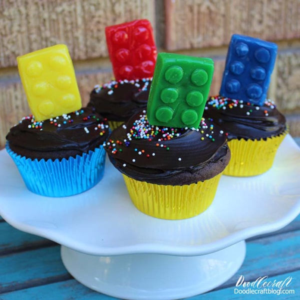 Lego lollipops on cupcakes, perfect for a lego themed birthday party