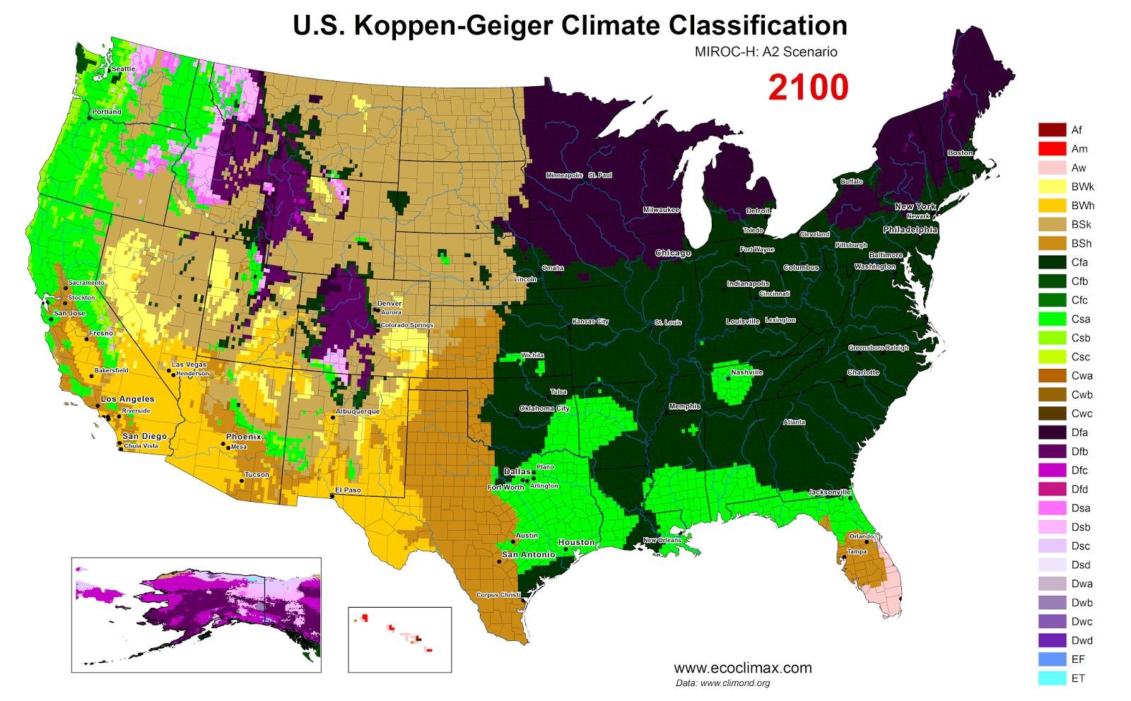 United Stites Climate Change: Model MIROC-H, A2 scenario, 2100