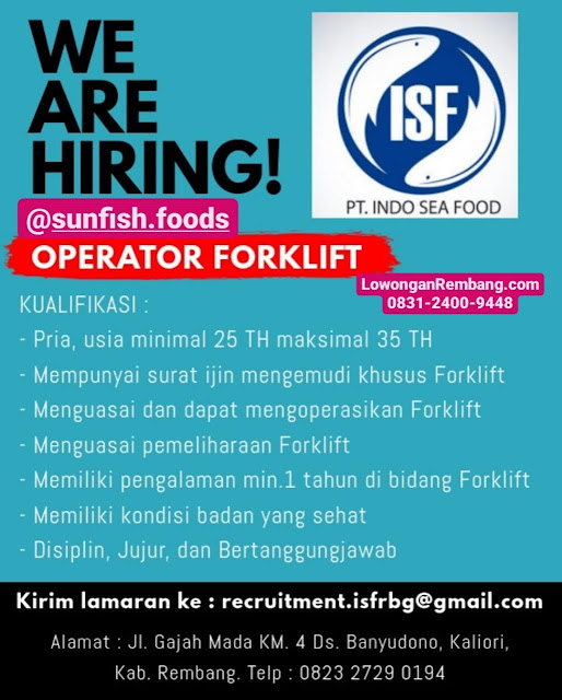 Lowongan Kerja Operator Forklift PT Indo Sea Food Desa Banyudono Kecamatan Kaliori Kabupaten Rembang