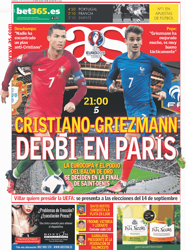Eurocopa, AS: "Cristiano-Griezmann, derbi en París"