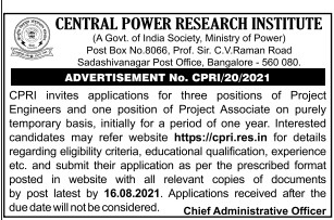 CPRI Recruitment 2021 04 Project Engineer Posts