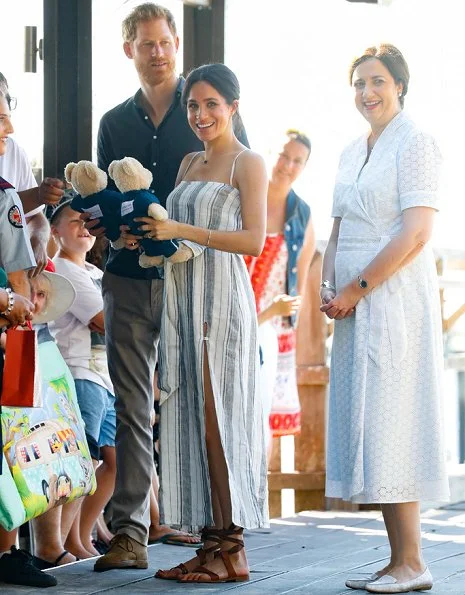 Meghan Markle wore Reformation Pineapple Dress and Sarah Flint Grear Lace Up Sandals. Adina Reyter three diamond amigos curve post earrings