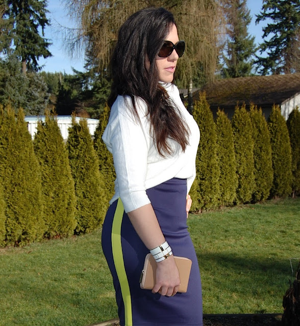 Neoprene pencil skirt with a white Forever 21 sweater and Prada sunglasses