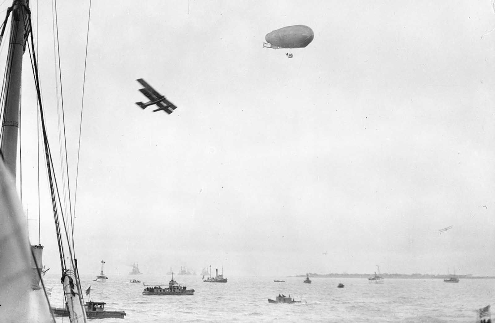 Boats, airplane, and airship, ca. 1922. Possibly the U.S. Navy's SCDA O-1. 