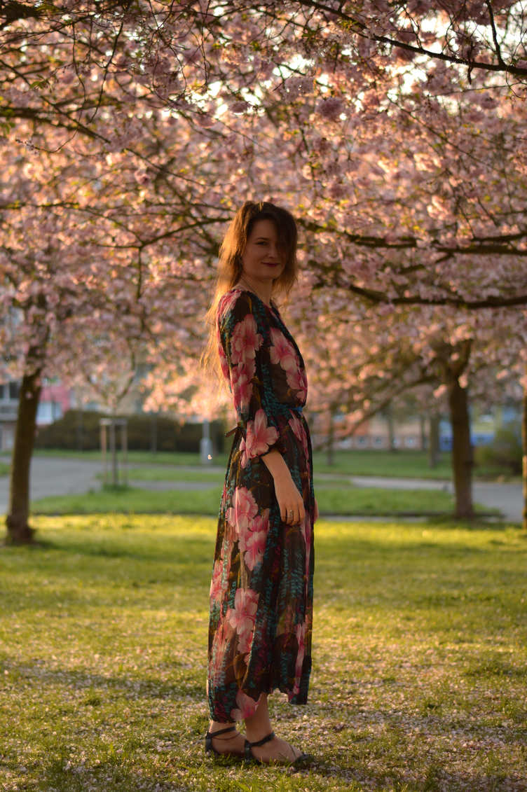 cherry blossoms superbloom 2021, vintage sheer dress hawaii print, georgiana quaint český módní blog, personal style vintage blog
