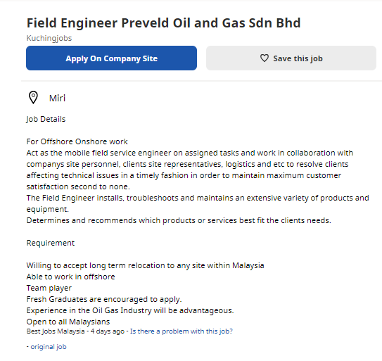 Oil &Gas Vacancies Field Engineer Preveld Oil and Gas Sdn Bhd