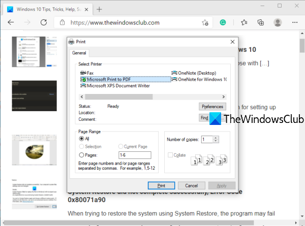 Microsoft Edge에서 시스템 인쇄 대화 상자 활성화