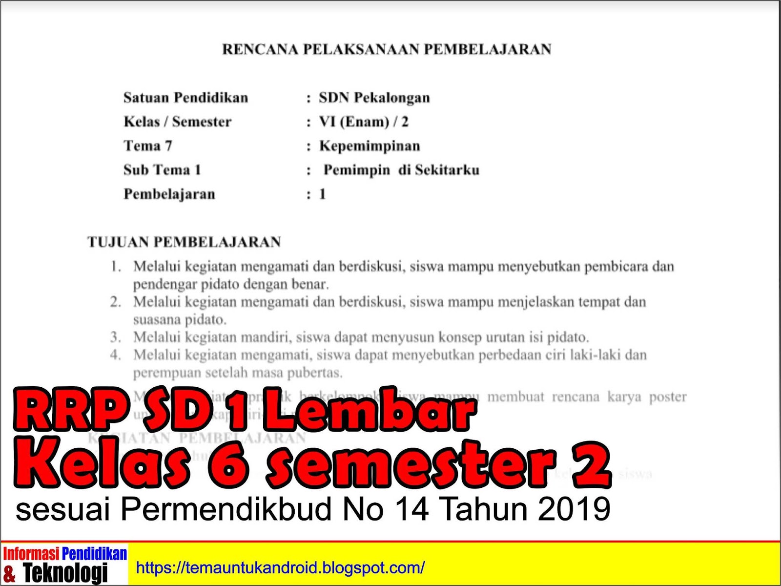 RPP 1 Lembar SD K13 Kelas 6 Semester 2