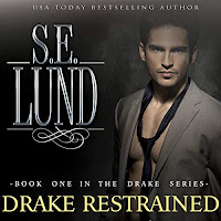 Drake Restrained 1 audiobook cover. A brooding, bare-chested man in a grey suit jacket with a loose black tie gazes out from the cover.