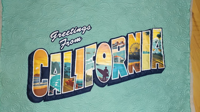 Greetings from California vintage postcard quilt made with Riley Blake Destinations California Beaches fabric panel