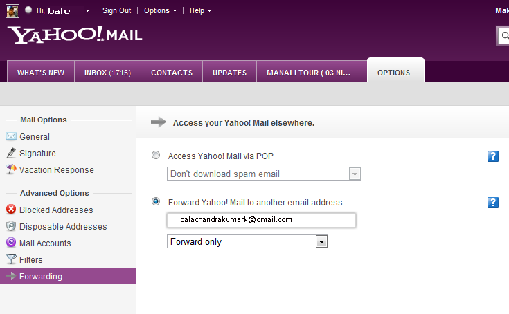 yahoo mail forward to another account