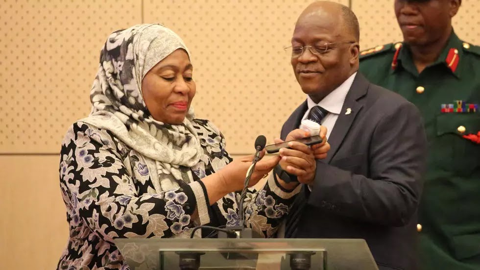 Tanzania's new President Samia Hassan Suluhu and former president John Magufuli on July 24, 2019. Tanzania's new President Samia Hassan Suluhu and former president John Magufuli on July 24, 2019.