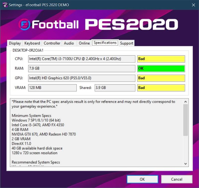 ملف اعدادات لعبة بيس PES2020 لمعرفة امكانية تشغيل اللعبة على جهازك