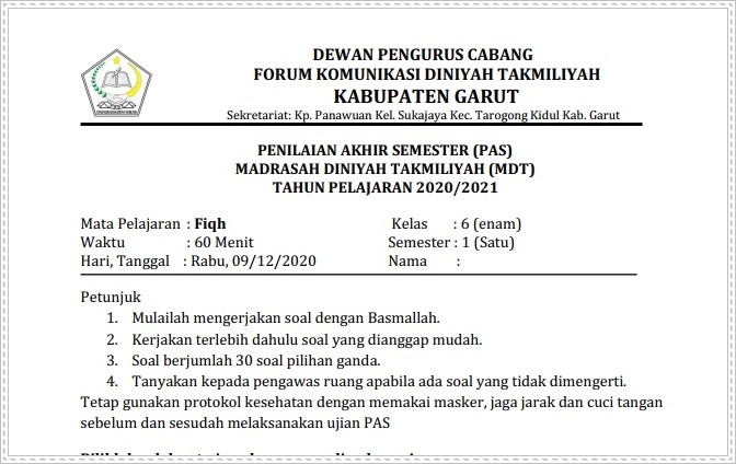 Fiqih Kelas I Vi Soal Pas Ganjil Madrasah Diniyah Takmiliyah