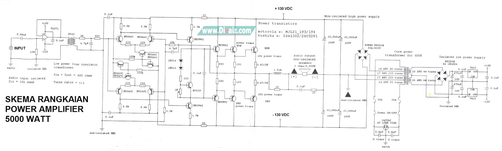 Rangkaian Power Amplifier Daya Tinggi 5000 Watt Plus Skema - Divaiz