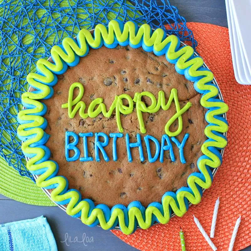 Bright and happy chocolate chip cookie cake for a birthday