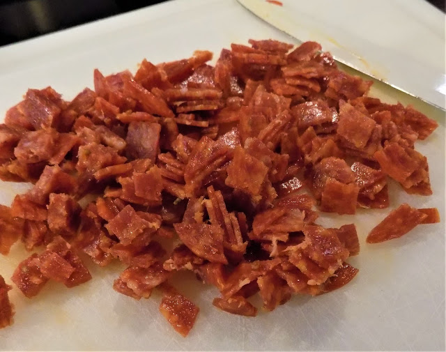 This is a picture of pepperoni slices chopped 