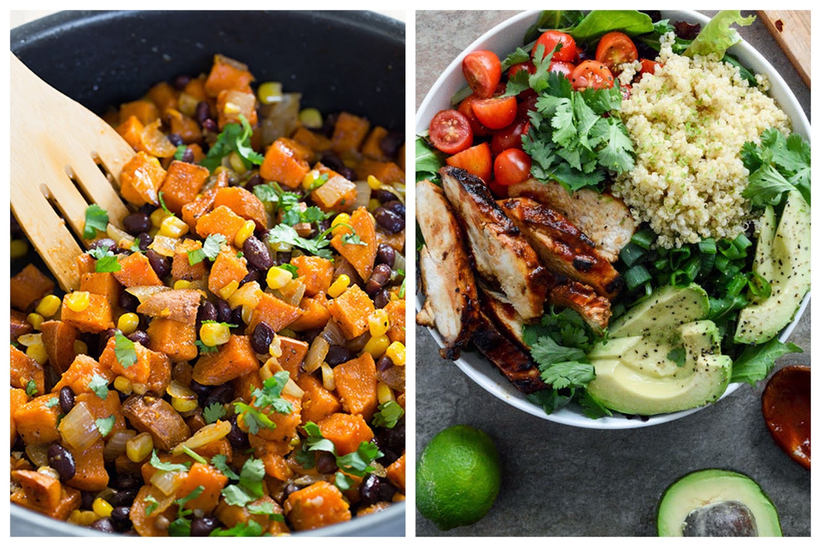 honey lime chicken burrito bowls with sweet potato black bean relish