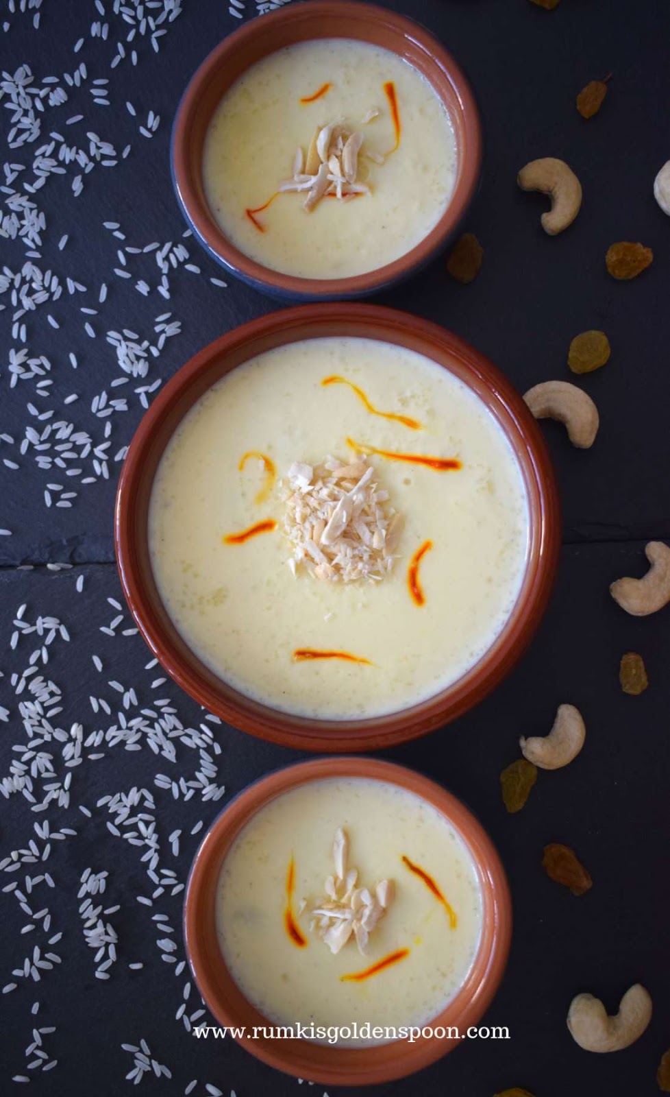 Indian Recipe, Desert Recipe, Indian Festival Dessert, Kesar Phirni | Firni | Creamy Indian Saffron Rice Pudding, Rumki's Golden Spoon, Indian dessert recipe, dessert recipe with rice, dessert recipe with milk, Chawal ke ate ki kheer, Indian exotic dessert recipe