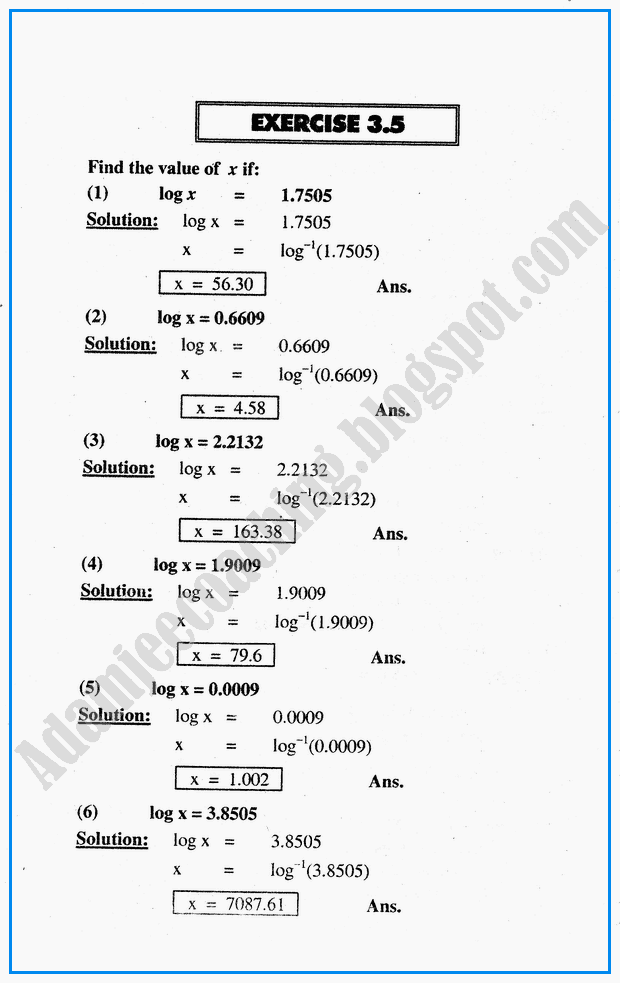 Adamjee Coaching Exercise 3.5 Logarithms Mathematics Notes for