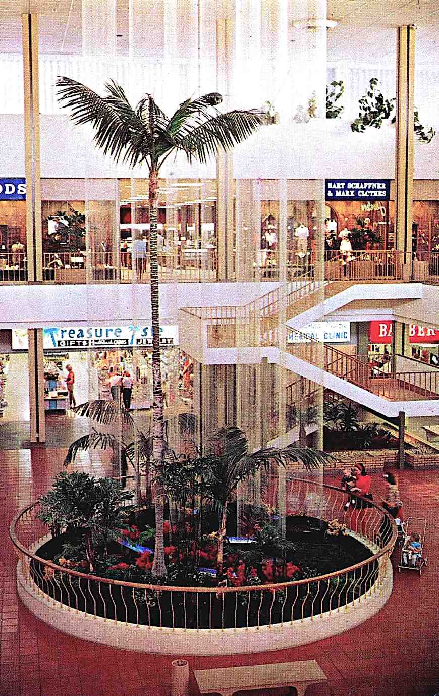1965 mall island a 1965 shopping mall island, color photograph