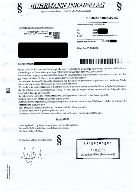 Scan: Zahlungsaufforderung Buhrmann Inkasso AG / Aug 2021