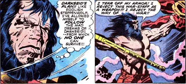 Highfather rejects his war-staff and renounces war, from issue 7 of The New Gods by Jack Kirby