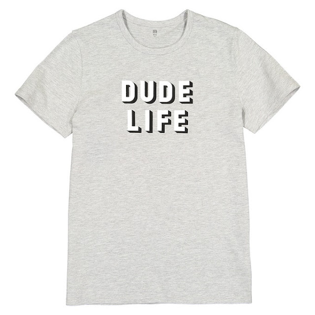 A light grey t-shirt with "DUDE LIFE" written in large letters.