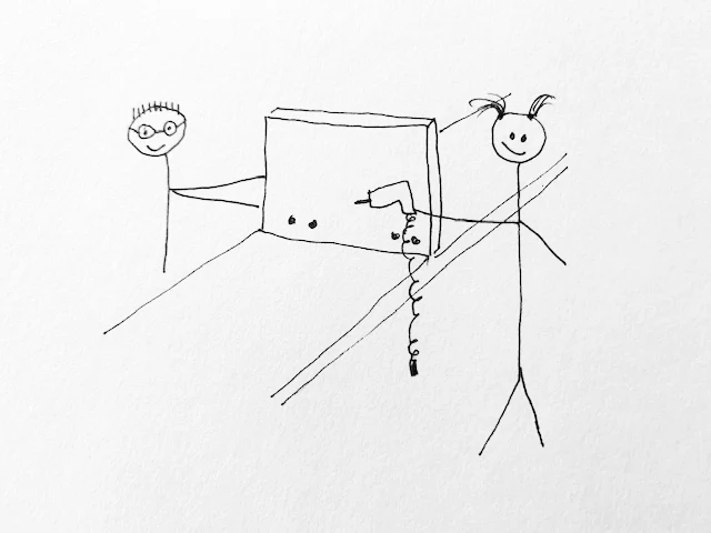 stick figure drawing of drilling pocket holes