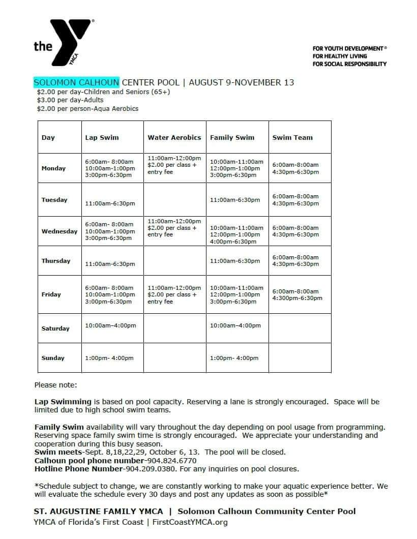 Solomon Calhoun Center Gym Closure & Fall Pool Schedule