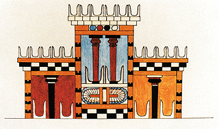 A reconstruction of the tripartite shrine found on the Procession fresco at Knossos.