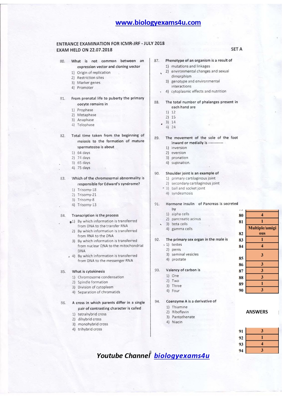 ICMR JRF 2018 Life Science Questions and Answers (Download PDF)