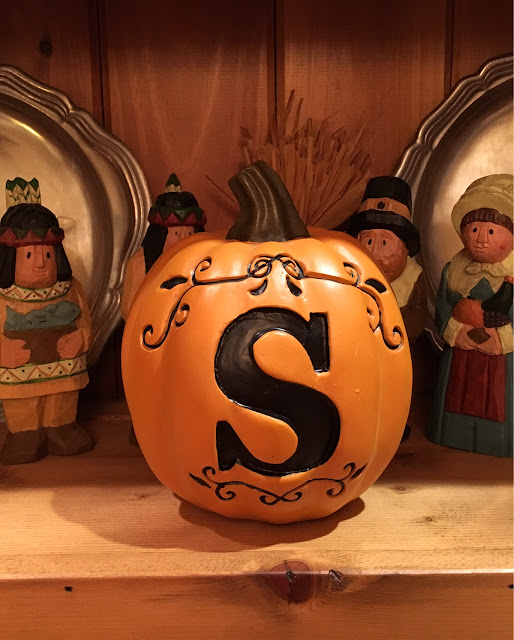 The Edge Of The Hill Monogram Pumpkins and A Bronze Pumpkin Candle Holder