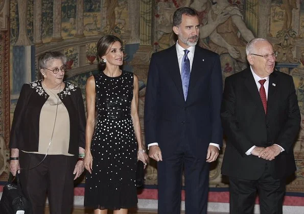 Queen Letizia wore Carolina Herrera Sequin Dots Detailing Dress. King Felipe, Reuven Rivlin and Nechama