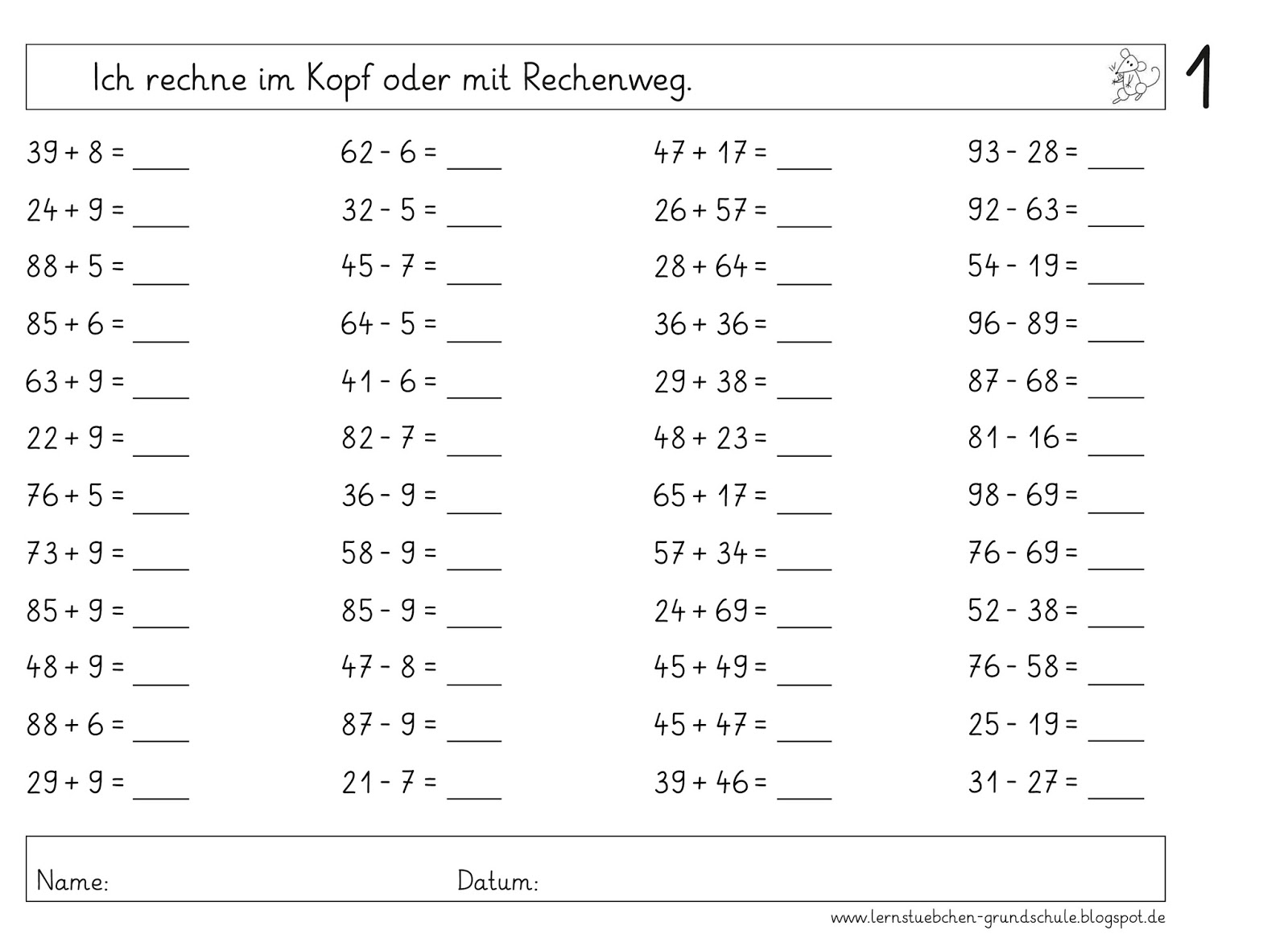 Lernstübchen Plus und Minus mit Übergang