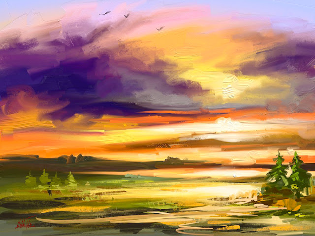 Sunset digital landscape oil painting by Mikko Tyllinen